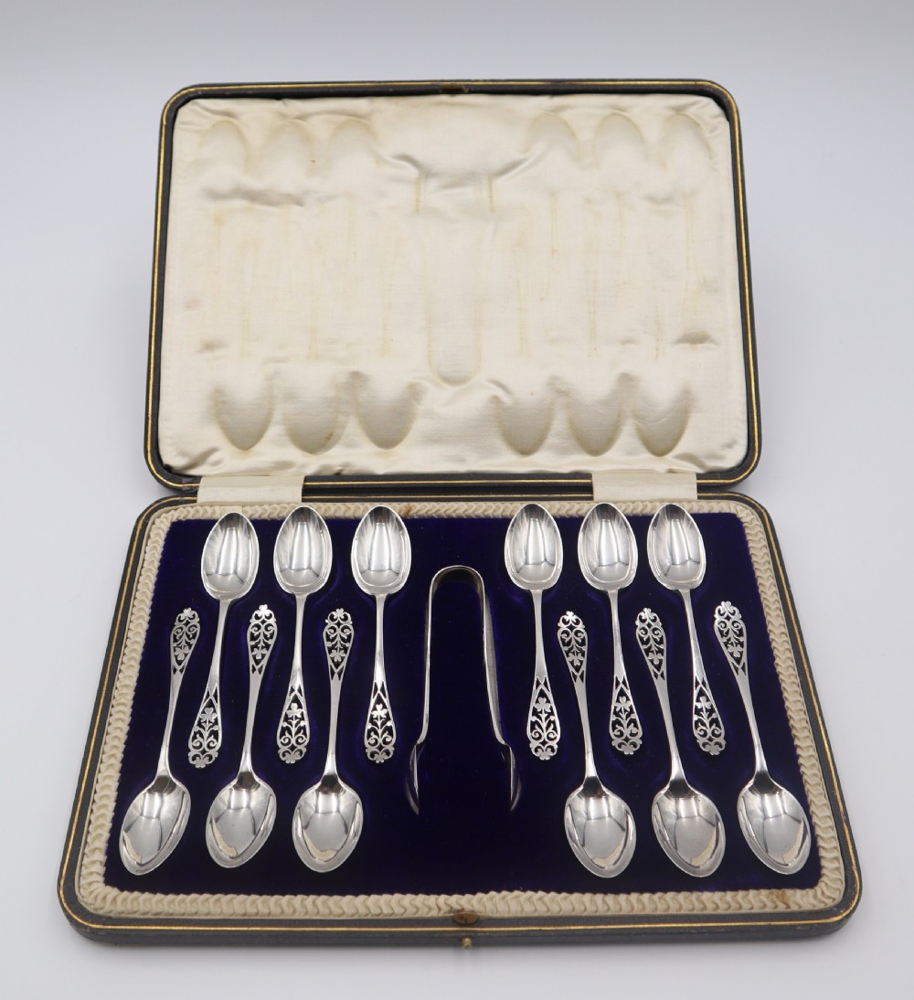 Antique Silver Spoons & Sugar Tongs.