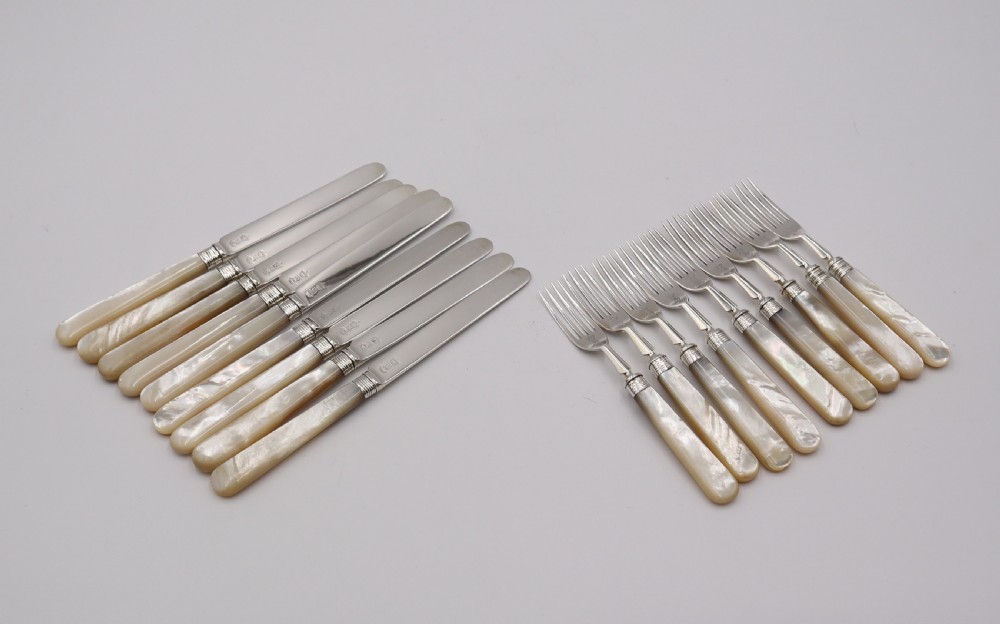 Set  Of Nine Pairs Of Antique  Silver Dessert Cutlery.  View II