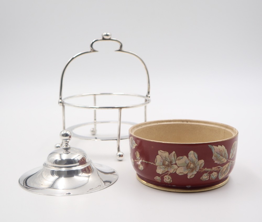 Antique Silverplate & Pottery Butter Dish. View IV