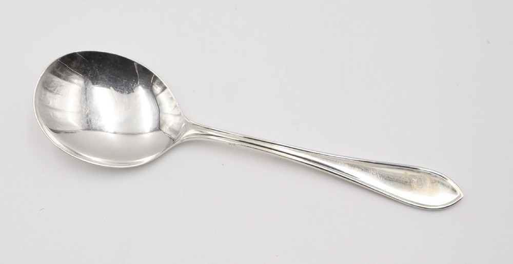 A comprehensive silver cutlery set containing dinner knives, forks, soup spoons, and dessert spoons laid out flat on a light grey background. View V