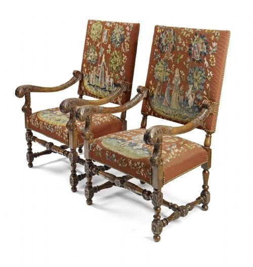Pair of Jacobean Style Carved Walnut Easy Chairs
