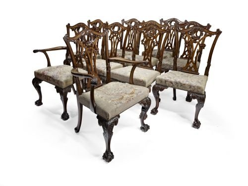 Set of 10 Victorian Mahogany Chippendale Style Dining Chairs