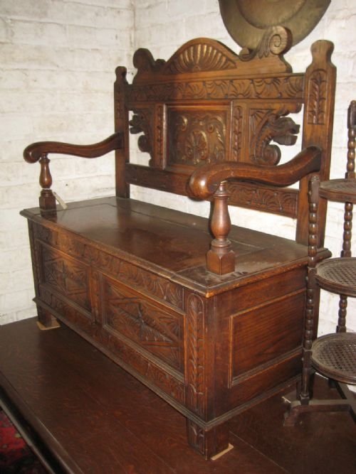 Late Victorian Carved Oak Bench