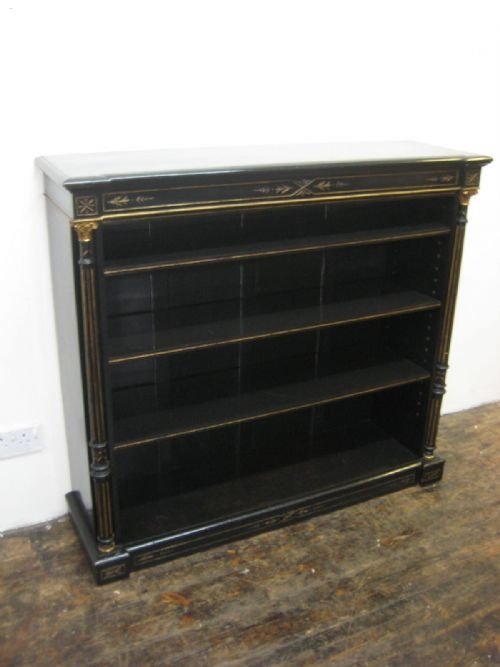Victorian Ebonised and Gilt Metal Mounted Open Bookcase
