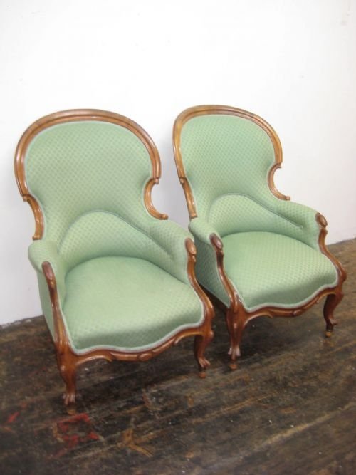 Pair Victorian Walnut Gents Arm Chairs