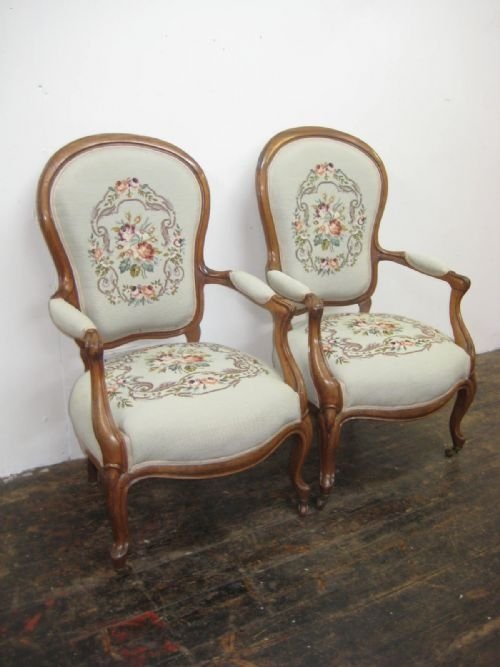 Pair Victorian Armchairs with Gros Point Tapestry
