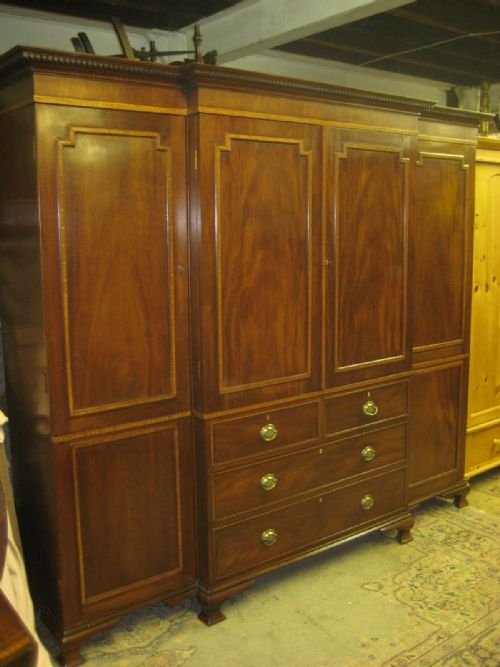 George III Mahogany Inlaid Breakfront Wardrobe