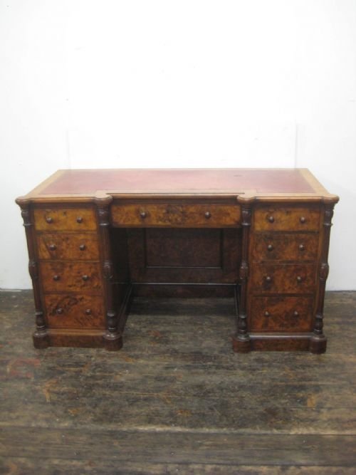 Mid Victorian Burr Walnut Pedestal Desk