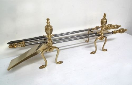 Set of Steel and Brass Fire Irons and Fire Dogs