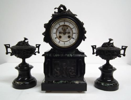 :Sale: Victorian Black and Green Marble Clock Garniture