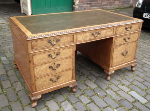 George II Style Burr Walnut Pedestal Desk