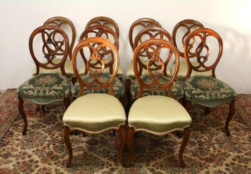 Set of 10 Victorian Walnut Dining Chairs