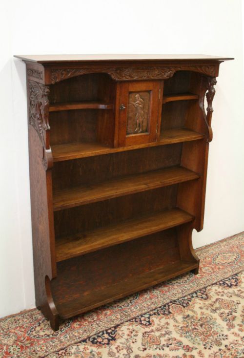 Arts & Crafts Carved Oak Open Bookcase
