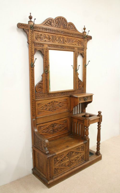 Victorian Carved Oak Hall Stand/hall Bench