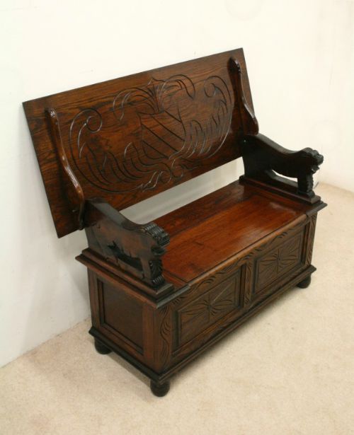 Carved Oak Monks Bench