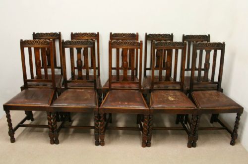 Set of 10 Jacobean Style Oak Dining Chairs