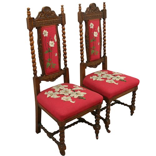 Pair of Victorian Carved Oak Hall Chairs