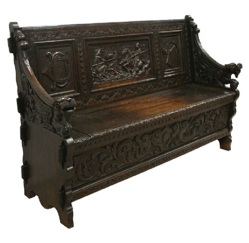 Victorian Carved Oak Hall Settle/bench