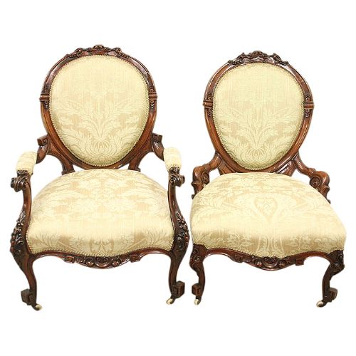 Pair of Mid Victorian Walnut Ladies and Gents Chairs