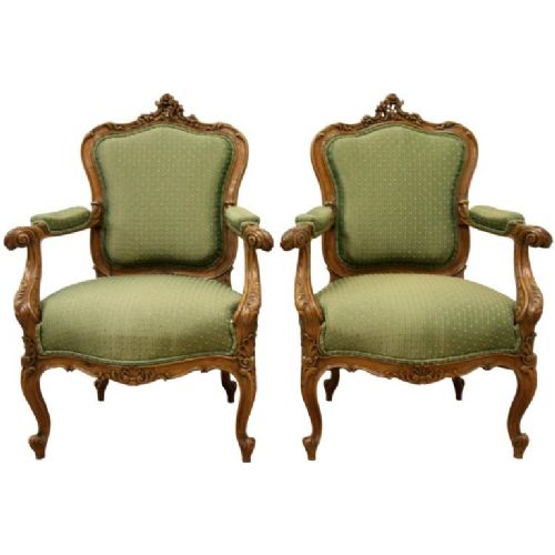 Pair of Louis XVI Style Carved Walnut Armchairs