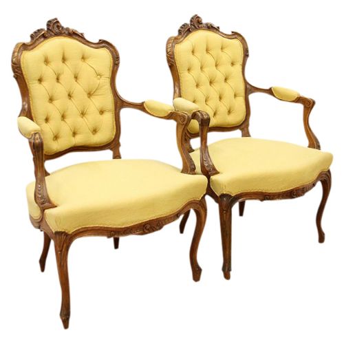 Pair of Carved Walnut French Fauteuil Chairs
