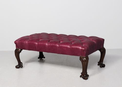 Large, Georgian-style Mahogany-framed, Buttoned Red Hide Upholstered Footstool