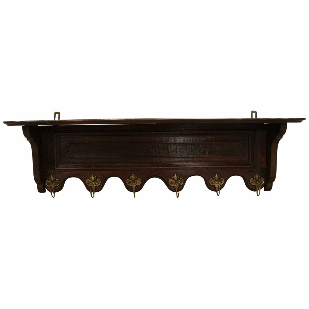 French Oak and Carved Oak Hat Rack and Bracket Shelf