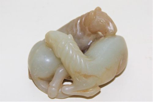 19th Century Chinese Hard Stone Carving of Two Recumbent Horses
