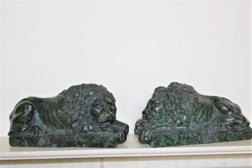 Large Pair of Recumbent Serpentine Marble Lions