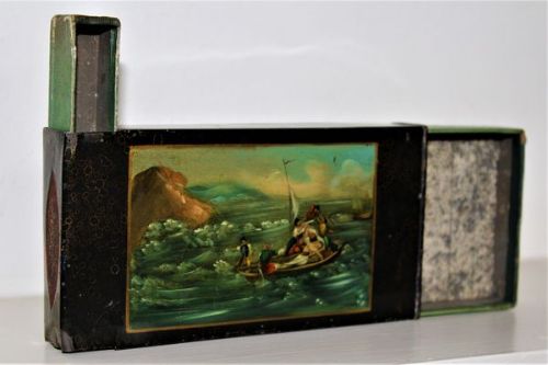 Painted Tole Ware Tobacco Box with a Vesta and Striker
