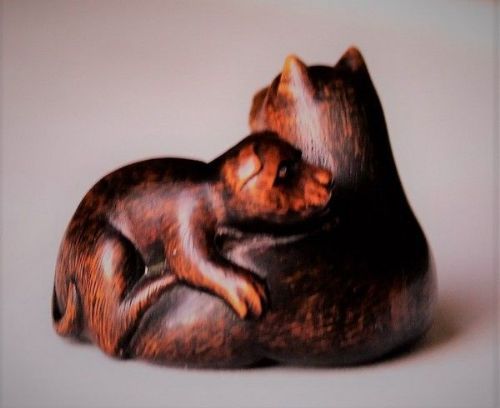 Boxwood Netsuke of Dog and Pup