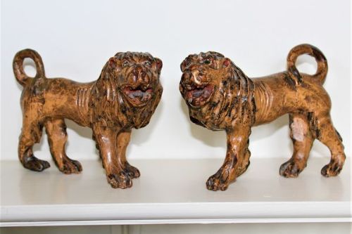 Pair of Carved Wood and Polychromed Lions