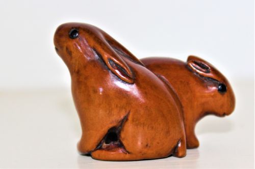 A Charming Japanese Boxwood Netsuke of a Mouse and Rabbit Very Good Patina Circa 1880