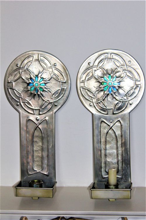 A Pair of Very Stylish Arts and Crafts Plated and Enamel Candle Wall Sconces Possibly English Circa 1900 to 1930
