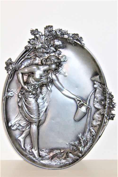 A Fine Large Pewter Art  Nouveau Plaque Depicting a Beautiful Maiden Filling a Ewer at a Well Continental Circa 1890 to 1910 and Small Hall Marks
