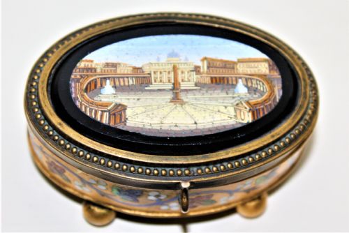A Fine 19th Century Italian Grand Tour Micro Mosaic Gilt Metal Box the Oval Depicting St Marks Square