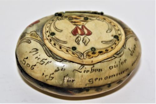 A Small Charming Scrimshawed Horn Snuff Box Depicting a Couple Under a Tree Holding Hands German Circa 1800 to 1850