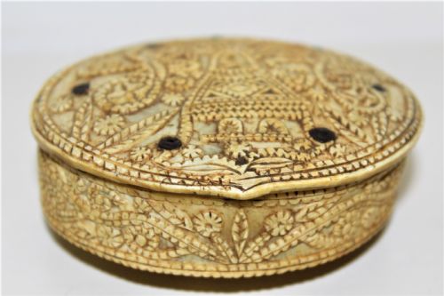 A Rare 15th Century Carved Bone Hinged Box Dated 1488 of Oval Form with Overall Carved Decoration