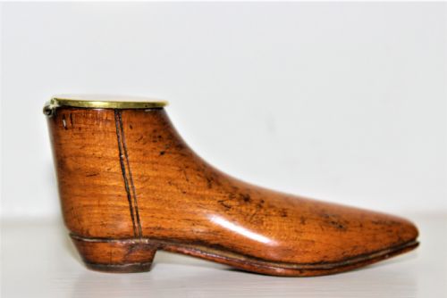 A Very Fine and Tactile Georgian Fruitwood Snuff Box in the Shape of a Shoe with a Brass Hinged Lid and a Brass Horse Shoe