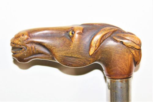 A Finely Carved Horn Victorian Walking Stick of a Horses Head