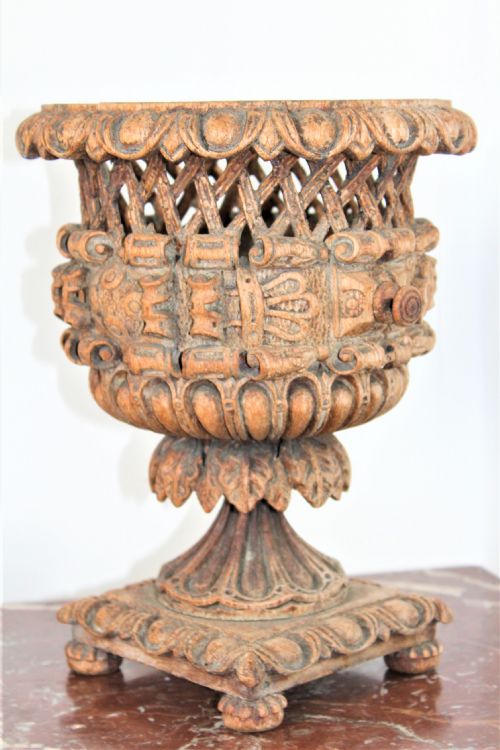 Carved Wood Jardiniere with Pierced Diaper and Eccentric Relief Sides ,Darted Borders  and Square Base