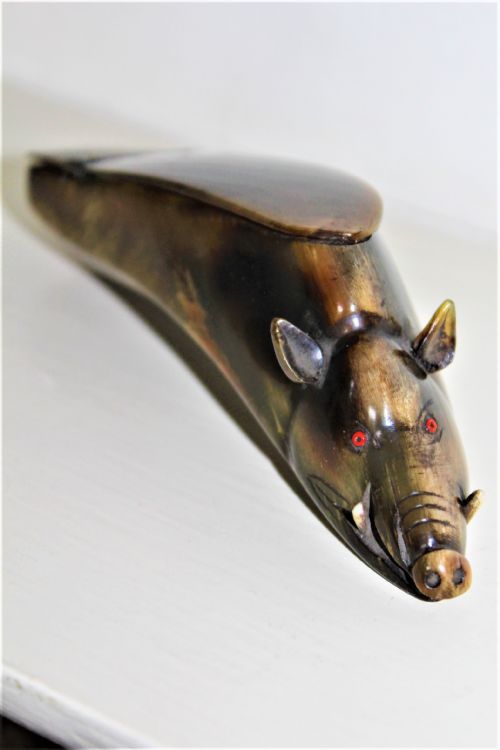 A Victorian Novelty Buffalo Horn Snuff Box in the Form of a Wild Boar