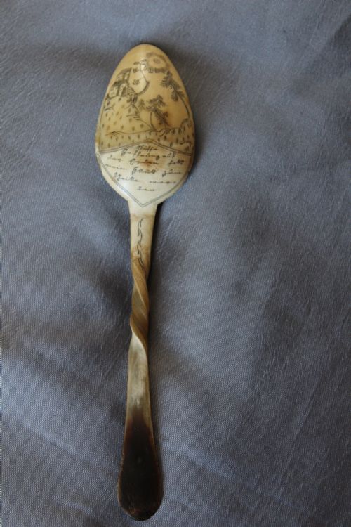 A German Carved Horn Love Spoon with Scrimshaw Circa 1880