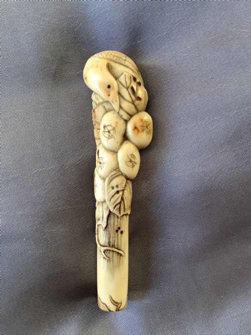A Finely Carved Oriental Staghorn Cane Handle Circa 19 Th Century