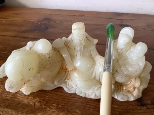 A Finely Carved Chinese Hardstone Possibly Jade Figural Brush Fest