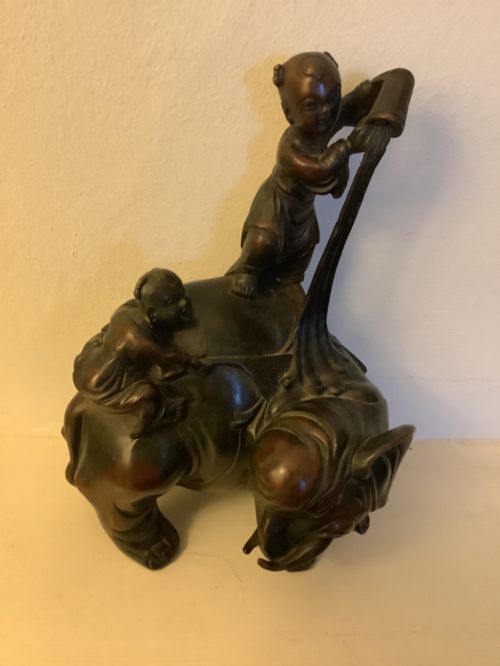 A Charming Japanese Bronze Elephant with Two Young Boys