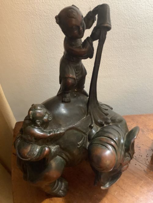 A Charming Japanese Bronze Elephant with Two Young Boys