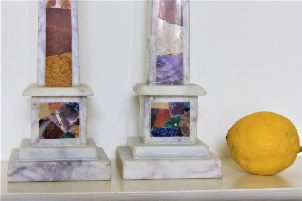 Pair of tall white marble obelisks with various coloured specimen marbles Italian Circa 1930 View V