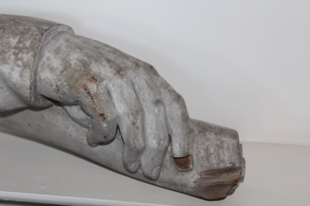 Well carved wood hand and arm holding a scroll English Circa 1880 View II