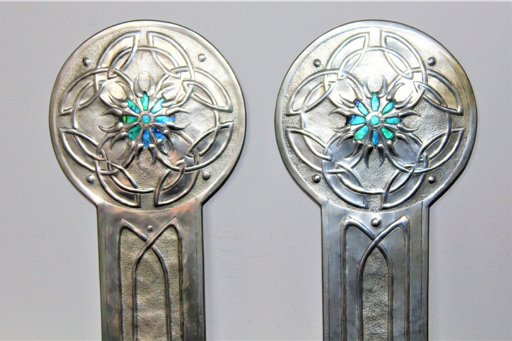 A pair of very stylish Arts and Crafts plated and enamel candle wall sconces possibly English Circa 1900 to 1930 View III